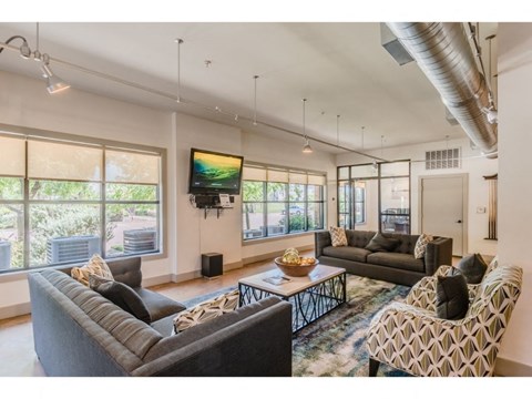 a living room with couches and chairs and a tv